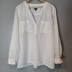 Talbots Womens Linen Blouse Top Plus 2X White Coastal Minimalist Flowy Resort
